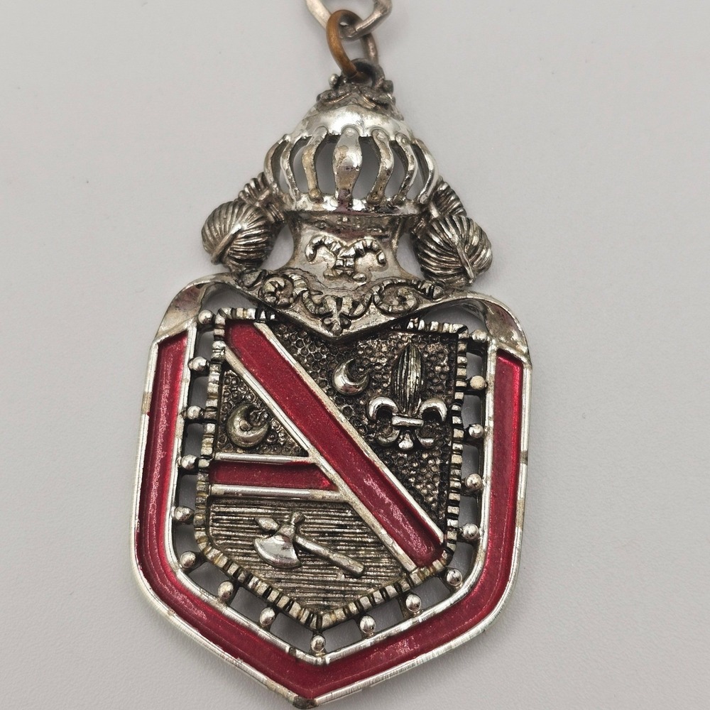 Medieval Style Crest Shield Pendant Necklace Heraldic Silver Tone Red Crown - Picture 7 of 10